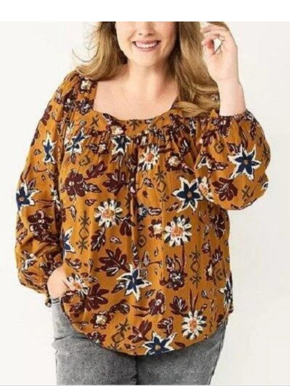 Sonoma Plus Square Neckline Mustard Yellow Floral long sleeve Blouse Size 1X